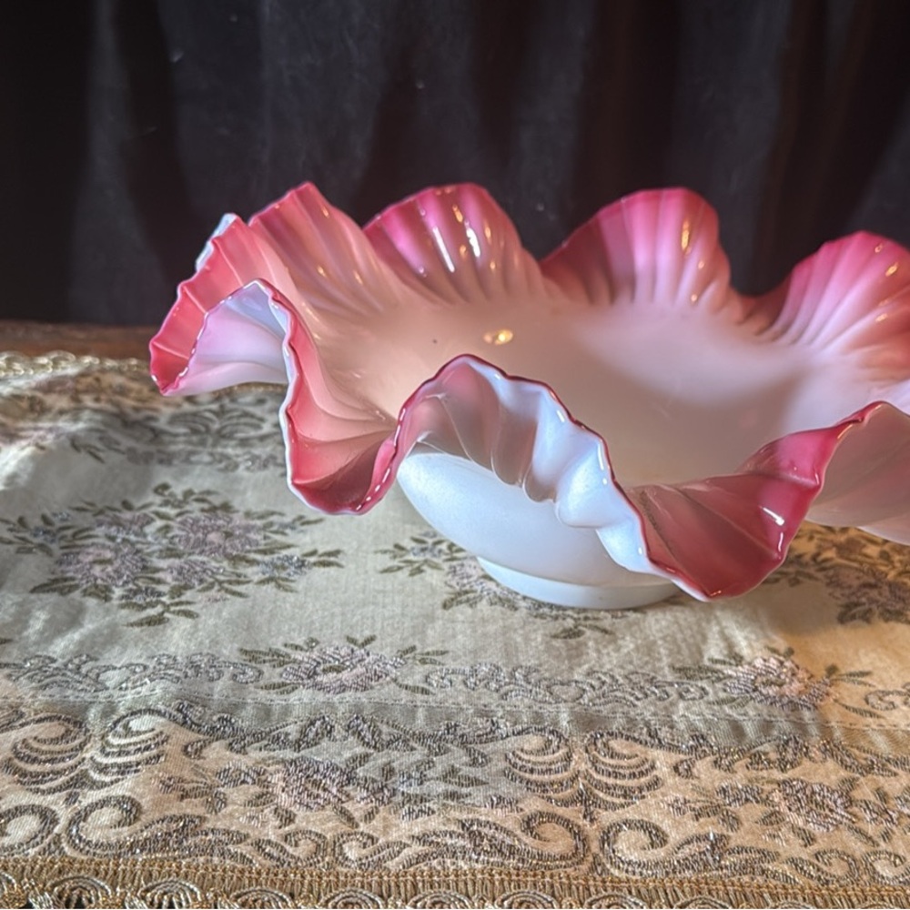 Fenton Pink and White Ruffled Glass Bowl - candle holder
